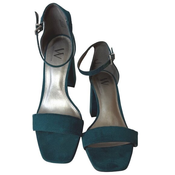 Worthington Teal Block Heel Sandals 9M Open Toe Ankle Strap Suede Dress Shoes - Picture 3 of 16
